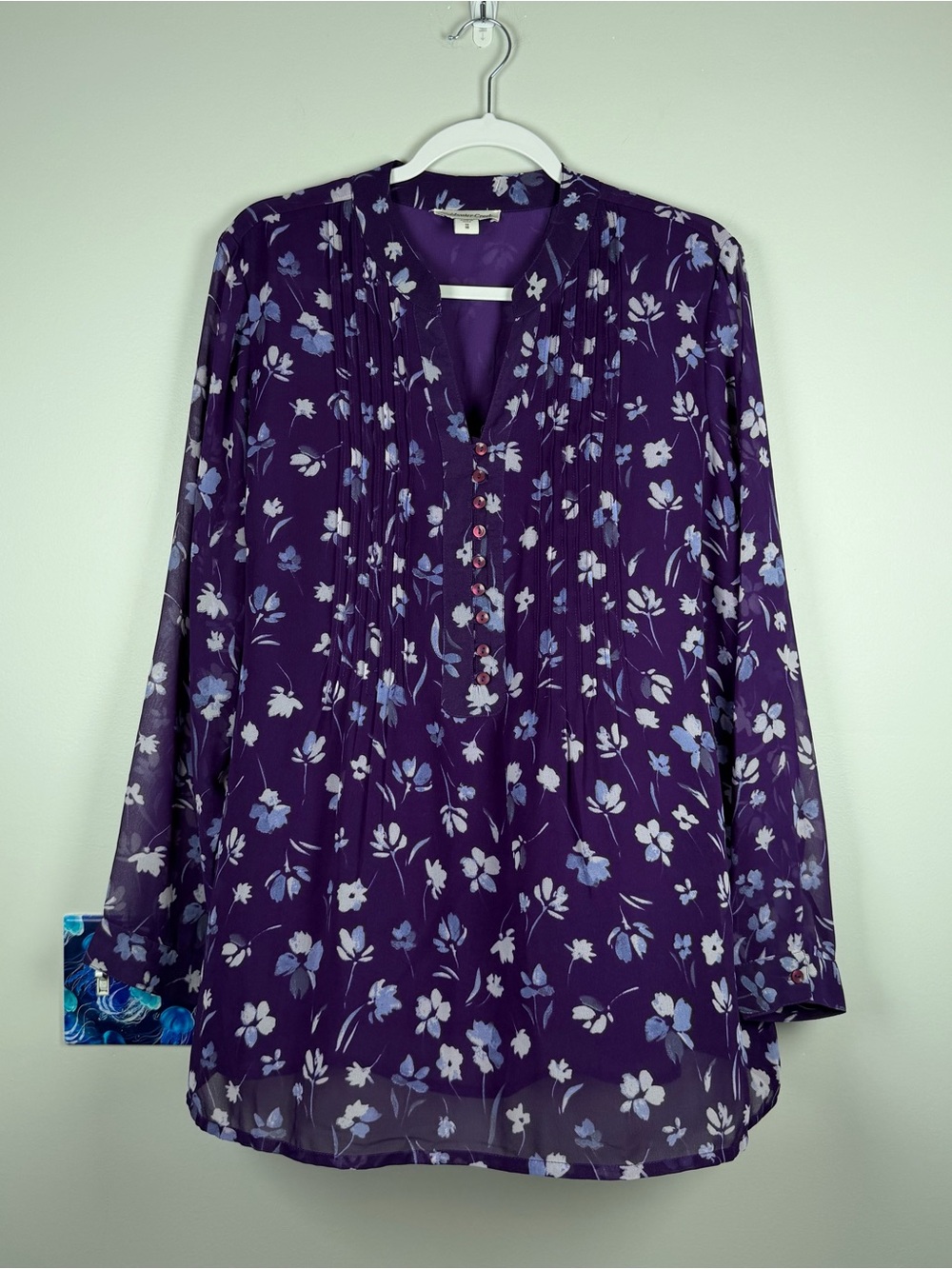 Coldwater Creek Purple White Floral LS V-neck Work Boho Blouse Top Size 1X